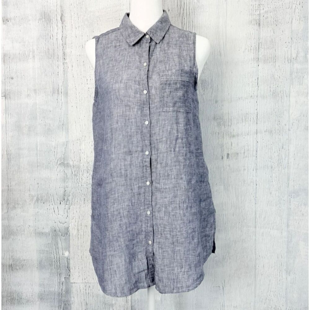 Jones New York Sleeveless Button Up Shirt 100% Linen Blue Women's Size Small